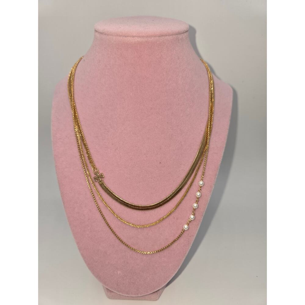 Tory Burch Kira Logo & Imitation Pearl Multi-Strand Layered Necklace 16"-18"
